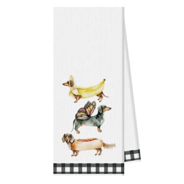 Imagem de Toalha de cachorro Dachshund, toalha de cozinha de outono, decoração de cozinha de fazenda fofa, panos de prato reutilizáveis, toalhas de mão para cozinhar, presente de inauguração de casa, 35 x 66 cm