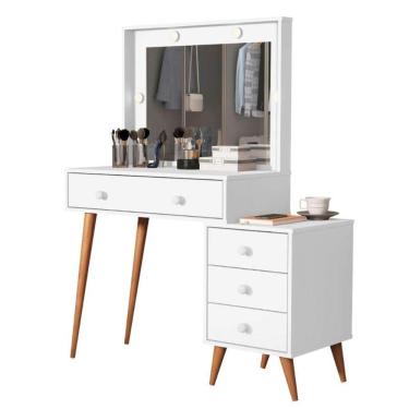 Imagem de Penteadeira Camarim Com Mesa De Cabeceira Espelho Led 4 Gavetas Pés Em Madeira Branco