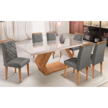 Imagem de Mesa Alvorada 180 Tp Mdf Vidro Canto Reto 6 Cadeiras Rufato Veludo Grafite/imbuia Off/serig Off