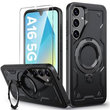 Imagem de Capa magnética para Samsung Galaxy A16 com suporte, com Mag-Safe, com protetor de tela, carregamento sem fio, à prova de choque para Samsung A16 5G, capa de telefone com suporte de anel, para Samsung