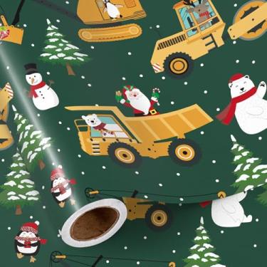 Imagem de RUSPEPA Rolo de papel de embrulho de carro de Natal para meninos, mini rolo, caminhão de construção, Papai Noel, boneco de neve, pinguim e urso, embrulho de presente verde para festas de fim de ano