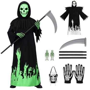 Imagem de MEJORMEN Fantasia de Ceifador que brilha no escuro para crianças, meninos, fantasia fantasma assustadora de Halloween com foice, bolsa de luva de máscara de caveira, Preto, L (8-10 Years)