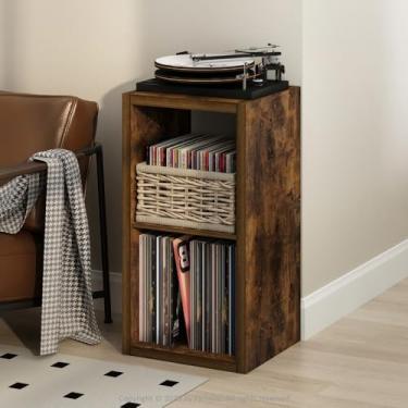 Imagem de Furinno Suporte para toca-discos em cubículo com armazenamento de vinil, 2 cubos 1,2 armazenamento de discos de vinil extra grosso, prateleira de mídia aberta para CD DVD Blueray Game Disc, para sala