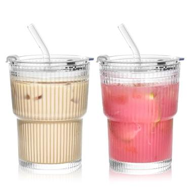 Imagem de Icesip Copos de vidro de 368,5 g com tampas e canudos com nervuras, copo de bebida, à prova de vazamento, conjunto de 2 canecas de café gelado para suco de smoothie de refrigerante (2 transparentes)