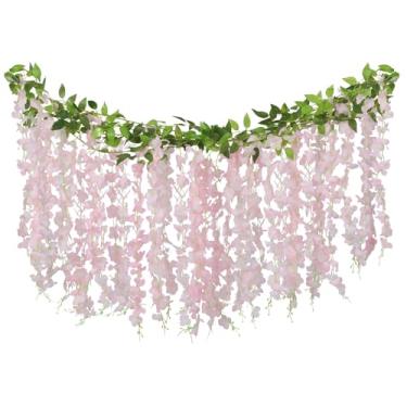 Imagem de ARTKAIKE Guirlanda de flores artificiais para decoração de casa, planta de seda falsa de glicínia para quarto, banheiro, parede, cozinha, quarto, jardim, decoração de casamento ao ar livre (4, rosa