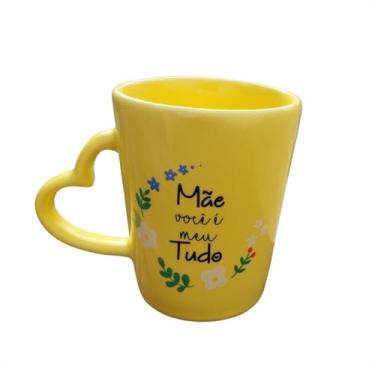 Imagem de Caneca Café 270ml Amarelo Alça Asa Coração Melhor Presente Dia Mães Porcelana Decorativa Xicara Mãe Decorada Chá Frase