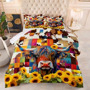 Imagem de Yadangxiawa Conjunto de edredom de vaca Highland para adultos, estampa de vaca com colcha e fronha (Highland Full)