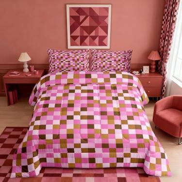 Imagem de Manfei Conjunto de edredom casal com tema Pixel Grid, conjunto de edredom com desenho animado gamepad, edredom simples abstrato, marrom, rosa, 3 peças, conjunto de cama para meninas e adolescentes
