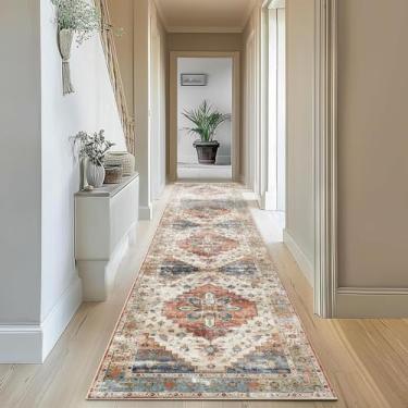 Imagem de Enkor Tapetes de corredor para corredor, 6 x 26 cm, tapetes laváveis macios antiderrapantes para cozinha, tapete moderno para sala de estar, quarto, entrada bege e vermelho