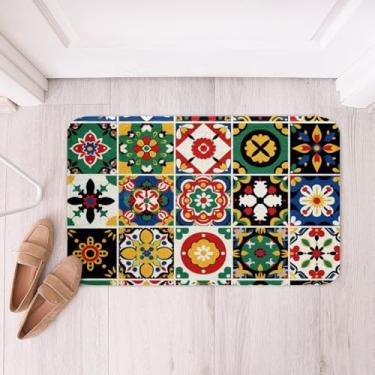 Imagem de Erosebridal Talavera Tapete de banho de azulejo, colorido estilo mexicano, tapetes de banheiro para crianças e adultos, tapete de banho étnico com azulejos do México 40,6 x 61 cm, capacho floral
