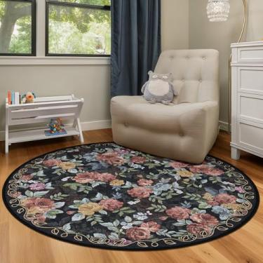 Imagem de GERUIMO Tapete redondo lavável de 1,2 m para sala de estar, floral boho vintage, grande, antiderrapante, tapete de lã sintética macia, adequado para crianças e animais de estimação para quarto, sala