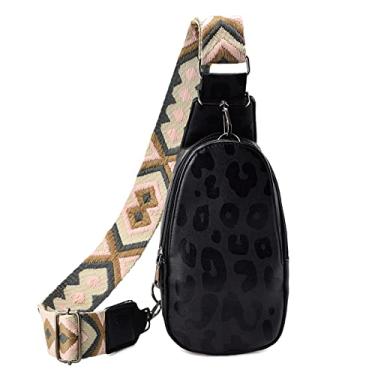 Imagem de KlaOYer Bolsas de couro para mulheres transversais pequenas pochete bolsas de peito com alça de guitarra para gril lady, Leopardo preto 2, Large, Transversal