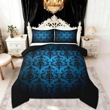 Imagem de Castle Fairy Conjunto de edredom casal damasco azul e preto, vintage, gótico, renda, estampa floral, reversível, estilo boêmio, antigo, estilo vitoriano, barroco, macio, para meninas e adolescentes