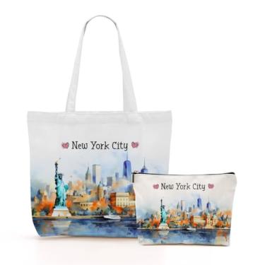 Imagem de New York Souvenirs and Gifts New York Lover Gifts Watercolor Canvas Tote Bag Shopping Weekender Bags for Women Bridesmaid Maid of Honor Christmas Birthday Bolsa reutilizável com bolso e bolsa de