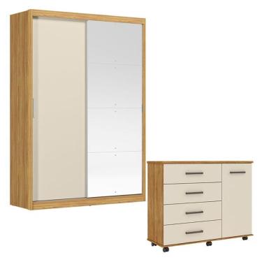 Imagem de Cômoda Flora E Guarda Roupa Casal Riva 22515k Com Espelho Cinamon Touch Off White Flex - Demóbile