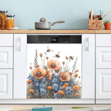Imagem de ATTX Capa de ímã para lava-louças Bees Wildflowers, 58,4 cm C x 66 cm A, decoração da capa da máquina de lavar louça, decalques para armários domésticos e eletrodomésticos #148