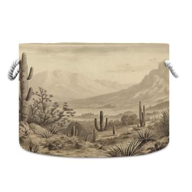 Imagem de SEHANY Cesta grande de armazenamento redonda de cowboy do deserto ocidental com alça de corda, cesto de roupa suja de lona para armazenamento de cobertores, cesta de armazenamento infantil para quarto
