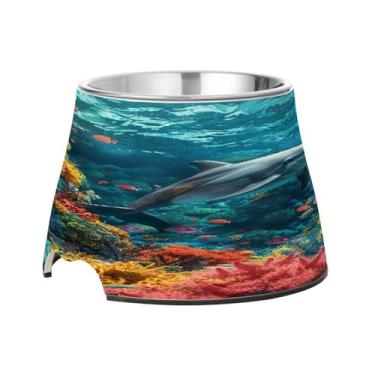 Imagem de Blueangle Tigelas elevadas para cães com aço inoxidável - Prato antiderrapante de 2,3 xícaras para animais de estimação de alta capacidade para saúde da coluna vertebral e design colorido de recifes