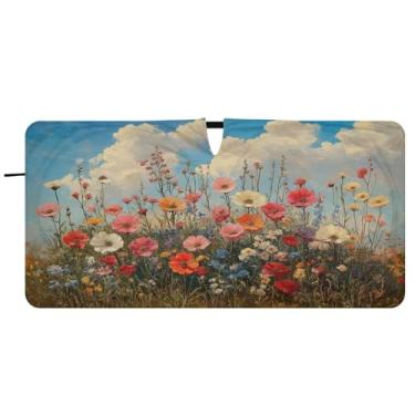 Imagem de Blueangle Pára-brisas com pintura a óleo flores silvestres - 149.9 cm x 76.2 cm dobrável carro janela frontal blocos para-sol raios UV viseira de sol (539)