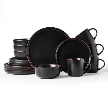 Imagem de Famiware Conjunto de louça Mercury com canecas, serviço para 4 (16 peças), conjuntos de pratos e tigelas, conjunto de pratos para micro-ondas e lava-louças, preto fosco