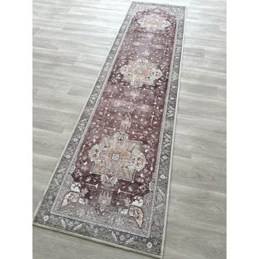 Imagem de Tapete persa moderno envelhecido, terracota vintage inspirado medalhão geométrico grande tapetes para sala de estar, quarto, banheiro, cozinha, casa (857RB, 2'12.7 cm x 9'20.3 cm)