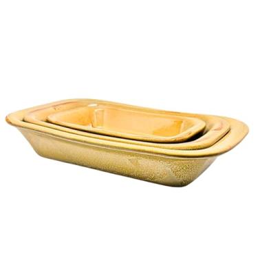 Imagem de Kit 3 Travessas Refratárias Assadeira Cerâmica Retangular Multiuso para Servir, Forno, Micro-ondas - E-FCS Store (Bege Reactive)