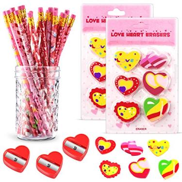 Imagem de Zonon 24 lápis de dia dos namorados combinam com borrachas em forma de coração e apontadores de lápis vermelhos, material de escritório escolar, acessórios de papelaria, decorações de festa para
