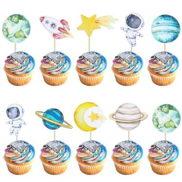 Imagem de Ephlyn 36 peças de enfeite de cupcake astronauta espacial planeta foguete viagem à lua estrela cupcake escolhas de comida universo espaço sideral tema chá de bebê crianças suprimentos de festa de