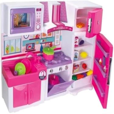 Imagem de Conjunto de cozinha, brinquedo, com fogao, pia, e armarios, rosa e compacto