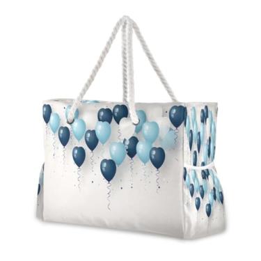 Imagem de Wassud Bolsa de praia com balões azuis e brancos, bolsas de praia grandes para mulheres, impermeável, à prova de areia, bolsa de viagem com zíper e bolso para piscina, academia, acampamento