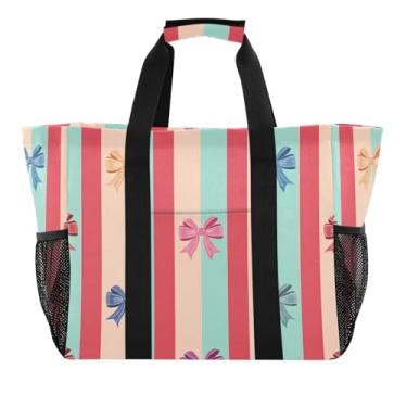 Imagem de Wassud Sacolas de compras reutilizáveis com laços coloridos, grande bolsa organizadora de lona à prova d'água para praia, piquenique, lavanderia, viagem