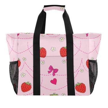 Imagem de Wassud Morangos com flores (2) sacolas de supermercado reutilizáveis grande bolsa organizadora de lona impermeável para praia, piquenique, lavanderia, viagem