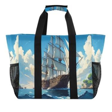 Imagem de Wassud Majestic Sailing Ship Sacos de mercearia reutilizáveis grande bolsa organizadora de lona impermeável para praia, piquenique, lavanderia, viagem
