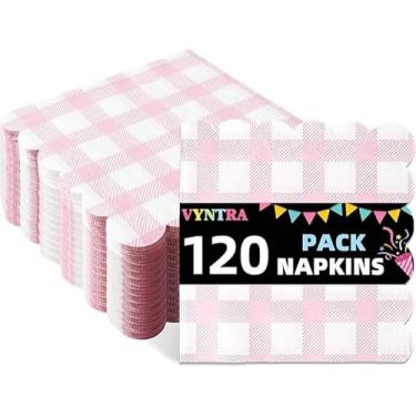 Imagem de Vyntra Guardanapos de papel descartáveis de guingão rosa, 120 peças — Guardanapos de festa xadrez macios e absorventes para piquenique, churrasco, aniversário, noiva e chá de bebê, casamento e eventos