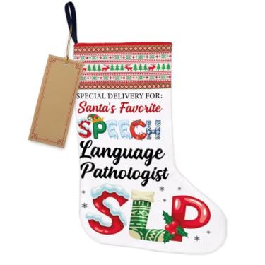Imagem de SLP Meia de Natal para decoração de árvore de Natal – Entrega especial para presentes de fonoaudiólogos favoritos do Papai Noel, meia de Natal, pendurada para lareira, escadas de parede, decoração de
