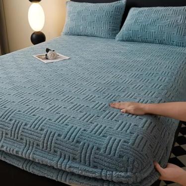 Imagem de Capa protetora de colchão de veludo macio engrossado com bolso profundo de 30,5 cm à prova de poeira, lençol com elástico respirável, antiderrapante, para solteiro/casal/queen/king, azul. ||150 x 200