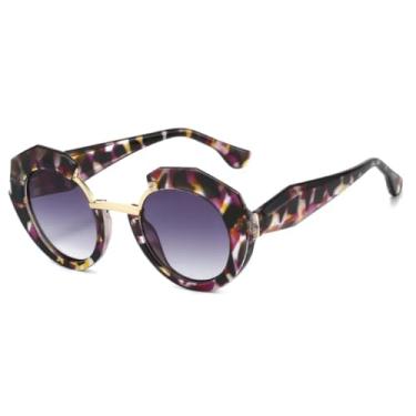 Imagem de HCHES Óculos de Sol Femininos Retro Leopardo com Armação Redonda Degradê, Estilo Street Shooting Punk, Proteção UV400 (Leopardo Roxo)