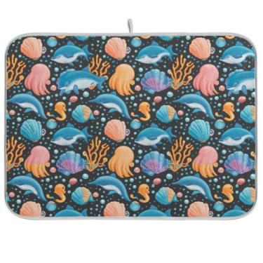 Imagem de Ocean Creatures Tapete de secagem de pratos preto 45,7 cm x 61 cm Tapete de escorredor de pratos reversível tapete resistente ao calor