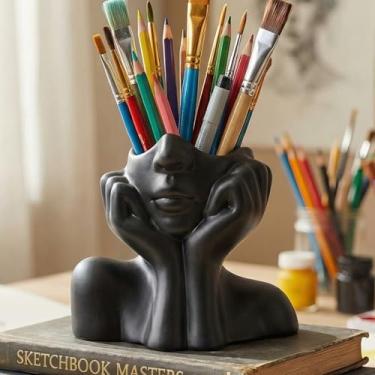 Imagem de Caixa de armazenamento estilo de arte do corpo humano nórdico doméstico dormitório estudantil mesa papelaria porta-canetas suporte de pincéis de maquiagem (preto, 12,9 x 11,5 cm)
