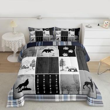 Imagem de Feelyou Conjunto de cama para meninos e meninas, conjunto de edredom de cabana xadrez de búfalo, tamanho king, rústico, urso, cervo, microfibra, fazenda, campo, decoração de quarto, cinza, azul, 3