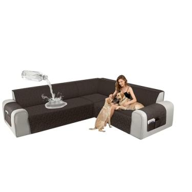 Imagem de ALIECOM Capas de sofá seccionais de canto, à prova d'água, laváveis, em forma de L, protetora, geométrica, jacquard, capa de móveis, com alça ajustável para cães de estimação (GG, castanho)