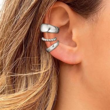 Imagem de Brincos de orelha prateados para mulheres, presentes modernos, punhos grossos, sem piercing, brincos de cartilagem, brincos falsos, joias, presentes de Natal, meias, Medium, Latão, Sem pedra preciosa