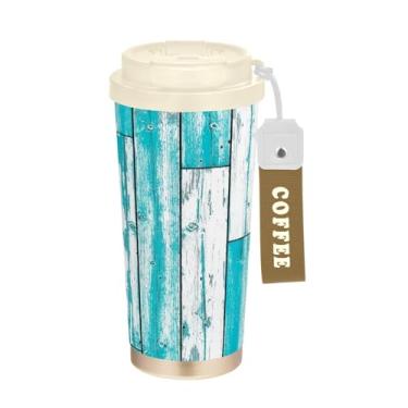 Imagem de TSENQUE Tábuas de madeira pintadas a turquesa, caneca de café de 473 ml, copo com canudo e tampa, canecas de café de parede dupla isoladas a vácuo com revestimento cerâmico para escritório, escola