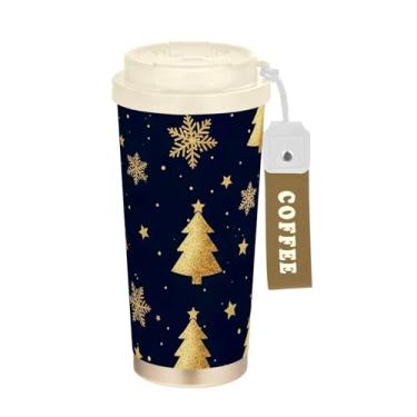 Imagem de Copo de café de 473 ml com tampa de canudo e filp, canecas de café de parede dupla isoladas a vácuo com revestimento cerâmico, árvores de Natal douradas, azul de Natal