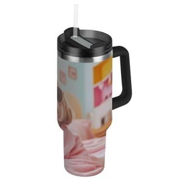 Imagem de Joisal Copo com alça 1,134 g Copos de aço inoxidável com tampas e canudo viagem à prova de vazamento garrafa de água isolada carros xícara de café bebida quente óculos de sol de cachorro na moda rosa