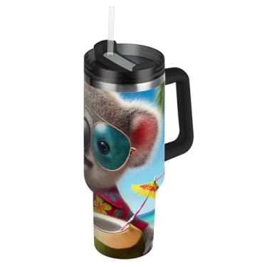 Imagem de Joisal Copo de 850 g com alça Copos de aço inoxidável com tampas e canudo para mulheres garrafas de água isoladas carros caneca de café bebida quente havaiana coala bebida de coco