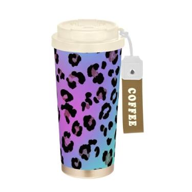 Imagem de TSENQUE Copo de café de 473 ml, copo de café com revestimento cerâmico com tampa e palha, copo isolado a vácuo de aço inoxidável, manchas de leopardo preto, azul arco-íris