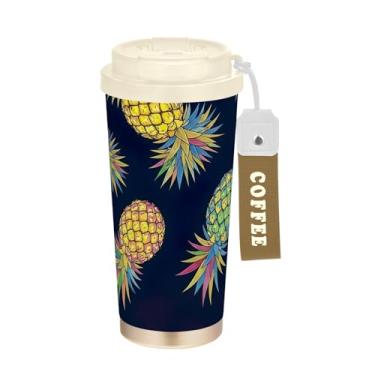 Imagem de TSENQUE Copo de café de 473 ml com tampa de canudo e filp, copo de parede dupla isolado a vácuo com revestimento cerâmico, abacaxi colorido preto