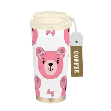 Imagem de TSENQUE Copo de café de viagem de 473 ml com canudo e tampa de enchimento, copo de parede dupla isolado a vácuo com revestimento cerâmico, desenho animado de cabeças de urso fofas rosa