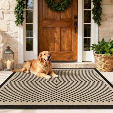 Imagem de Tapete de juta fácil geométrico moderno, lavável, 7,5 x 12,5 cm, preto neutro, boho, exterior, pátio, área pequena, tapete de tecido, leve, antiderrapante, tapete para porta de entrada, porta da